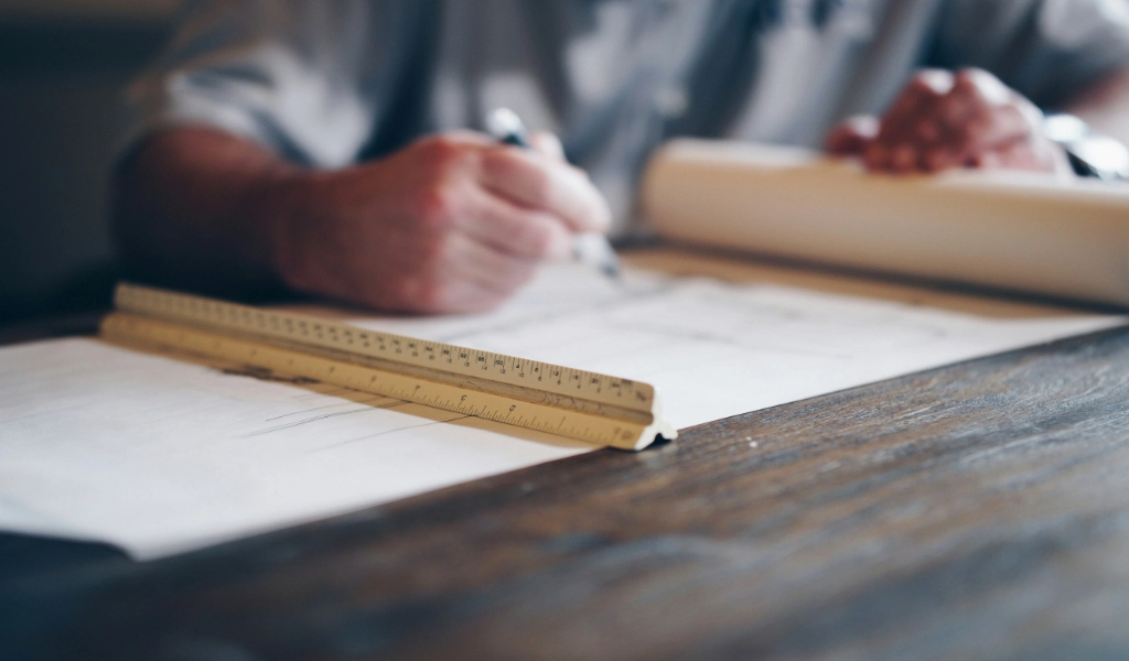 A design-build contractor meticulously works on architectural plans with a pen and ruler, laying the foundation for a stunning home remodeling project in Eagle River, all on a polished wooden table.
