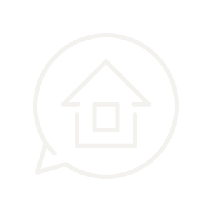Icon of a house within a speech bubble on a transparent background.