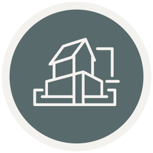 Outline of a modern house design inside a gray circle, capturing the essence of custom home construction by a leading design-build contractor.
