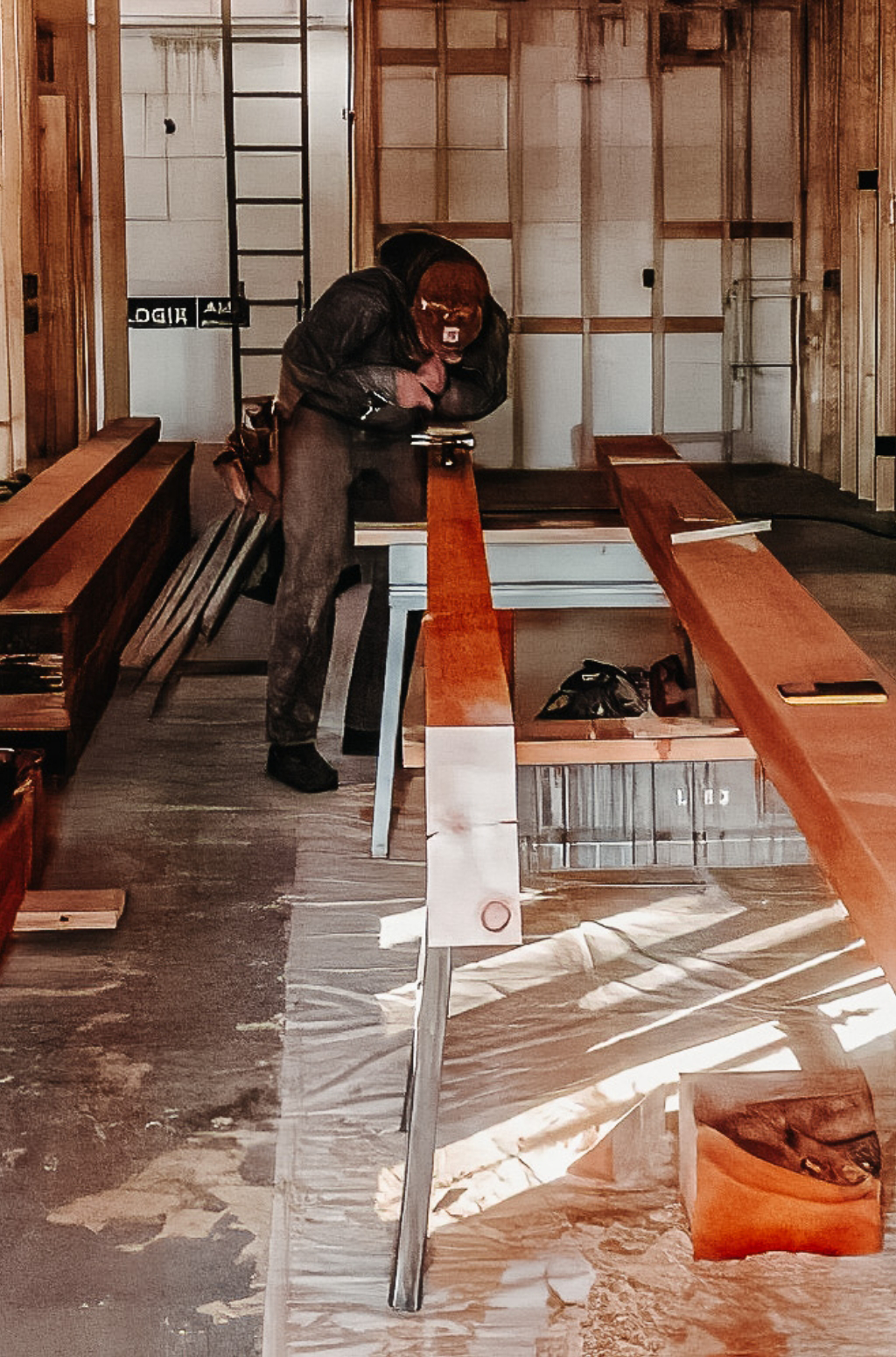 In a bustling workshop, a skilled Home builder from Eagle River, WI, meticulously measures a long wooden beam on the table, ensuring precision in every detail.