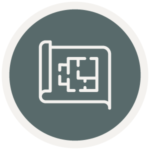 Icon of a rolled-up blueprint with a floor plan design inside a circle, representing the expertise of a custom home builder.