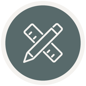Icon depicting a pencil crossed with a ruler inside a gray circle, symbolizing the precision and creativity of a design-build contractor.