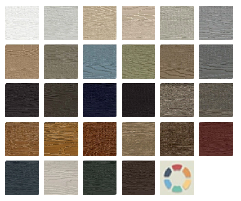 A grid of textured color swatches in various shades, including beige, blue, green, brown, and red, ideal for custom home construction. A small color wheel at the bottom right corner offers inspiration for any home builder in Eagle River WI.