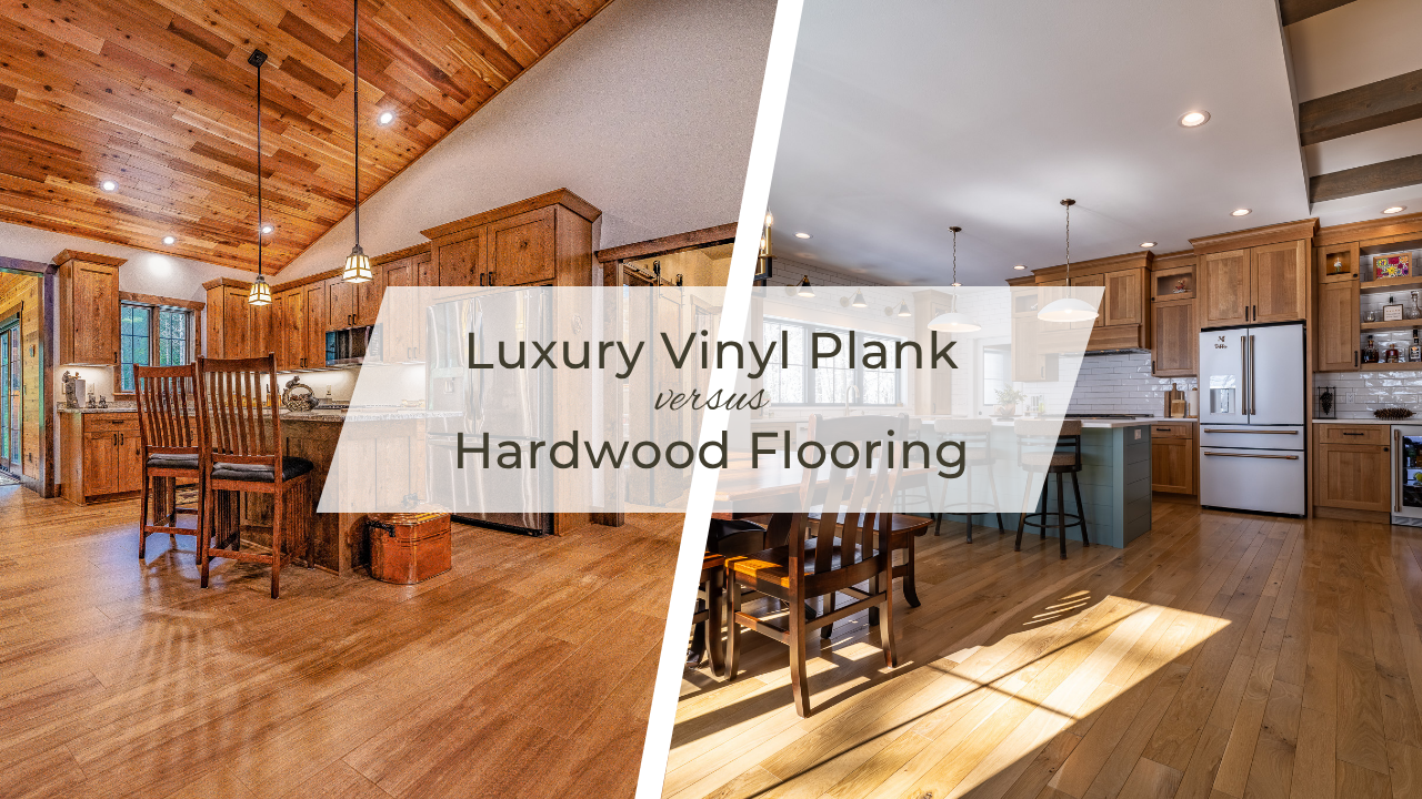 Split-screen image comparing a kitchen with LVP flooring on the left and hardwood flooring on the right. Text overlay reads "Luxury Vinyl Plank versus Hardwood Flooring"—see which option best elevates your home.