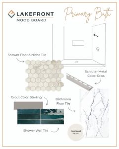 Mood board for a primary bathroom featuring a modern tile layout with hexagonal shower floor tile, marble-look floor tile, green shower wall tile, gray grout, and metal trim, all complemented by Snowbound SW 7004 paint—perfect for a new home.