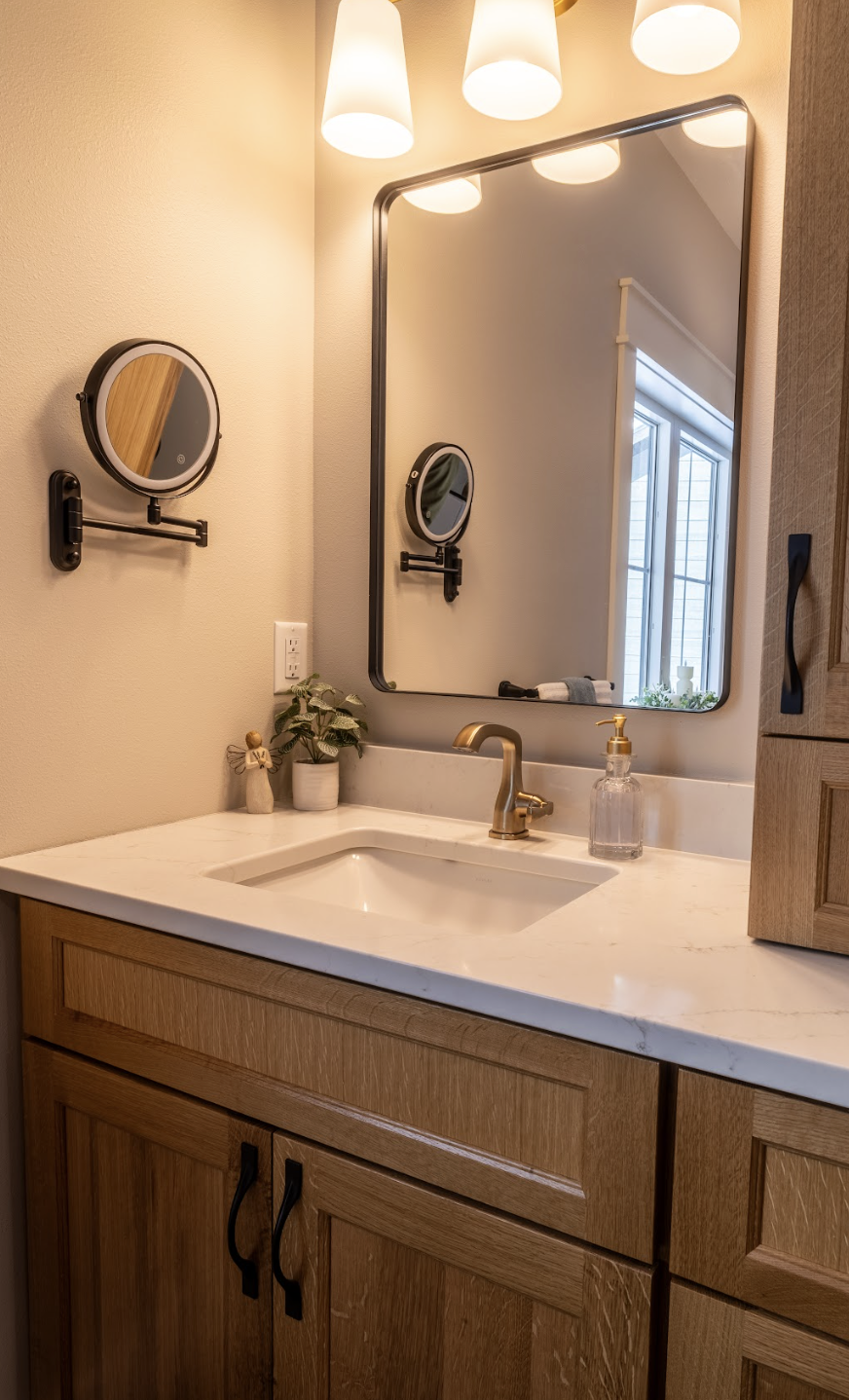 Bathroom vanity with a white countertop, gold faucet, wooden cabinets, square mirror, wall-mounted round mirror, and two light fixtures above. Small plants and soap dispenser on the counter complement custom tile showers nearby.