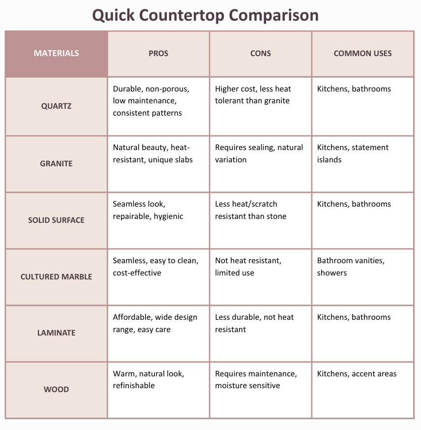 Table comparing five countertop materials—quartz, granite, solid surface, cultured marble, laminate, and wood—listing their pros, cons, and common uses in kitchens, bathrooms, and with custom tile showers.
