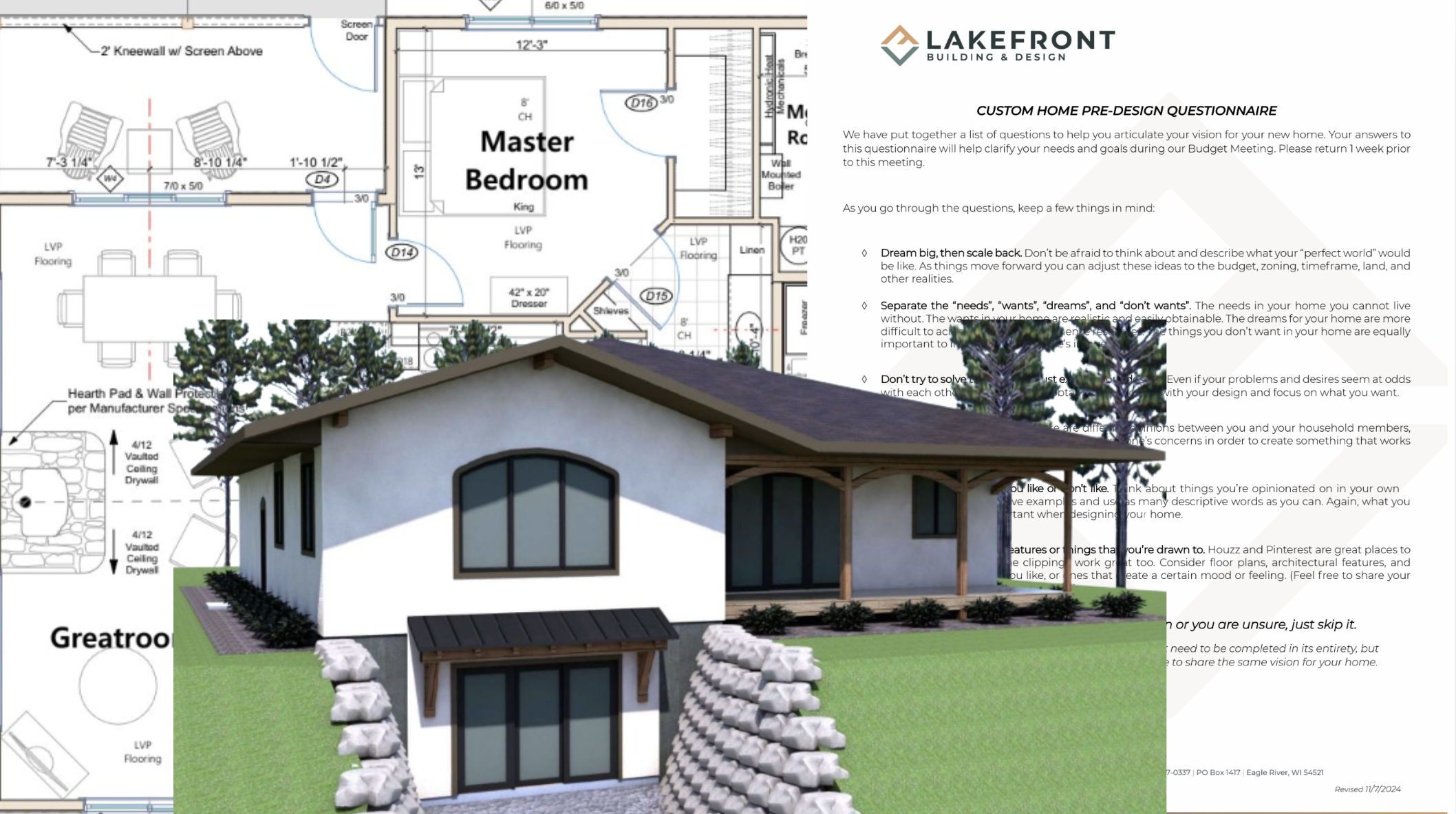 A 3D rendering of a house exterior is overlaid on architectural floor plans, a custom home design questionnaire, and highlights features like Custom Tile Showers from Lakefront Building & Design.