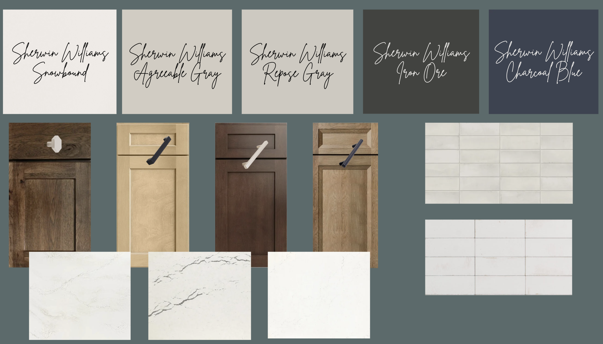 A selection of Sherwin Williams paint colors, cabinet door samples with hardware, tile options for custom tile showers, and countertop samples arranged together for interior design.
