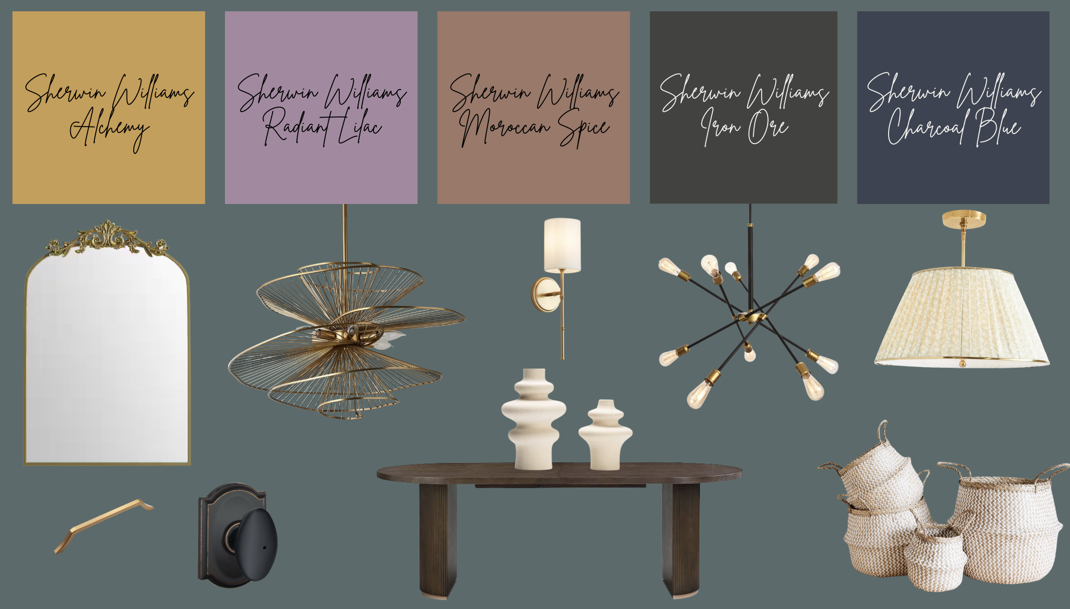 A selection of Sherwin Williams paint swatches with color names and modern home decor items, including mirrors, lighting, a table, baskets, and inspiration for custom tile showers displayed below.